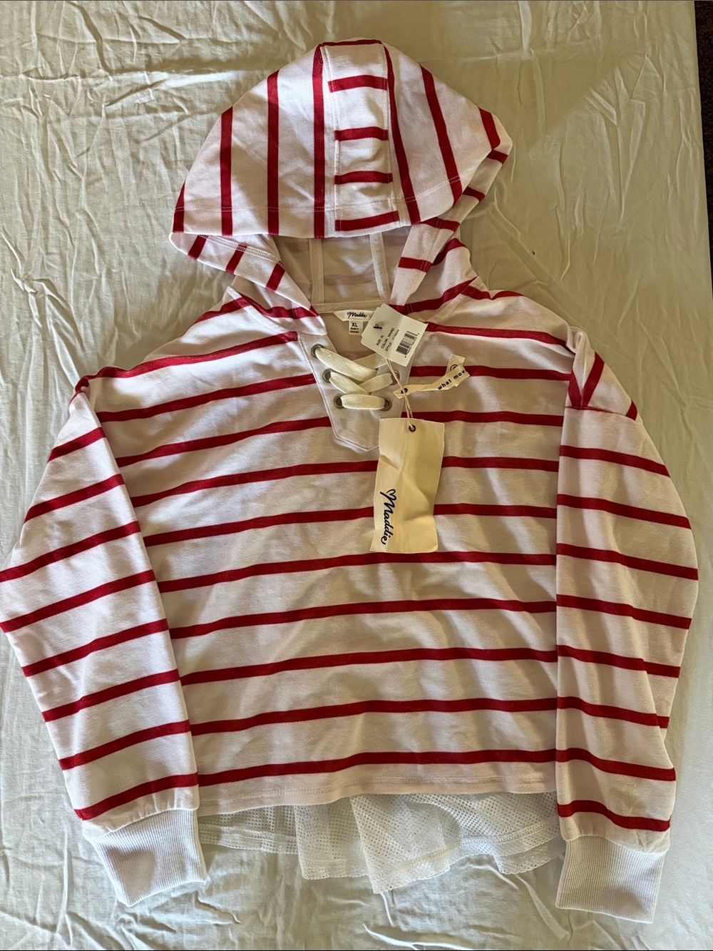 Maddie Red and White Striped Lace-Up Mesh Hem Hoodie